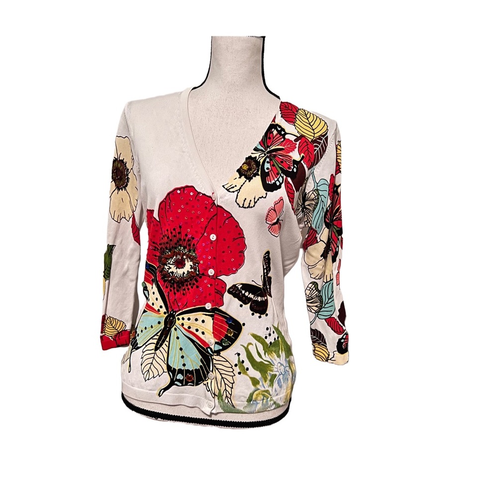 BCBG Maxazria cardigan size M sequins, rhinestone. Butterfly & floral design